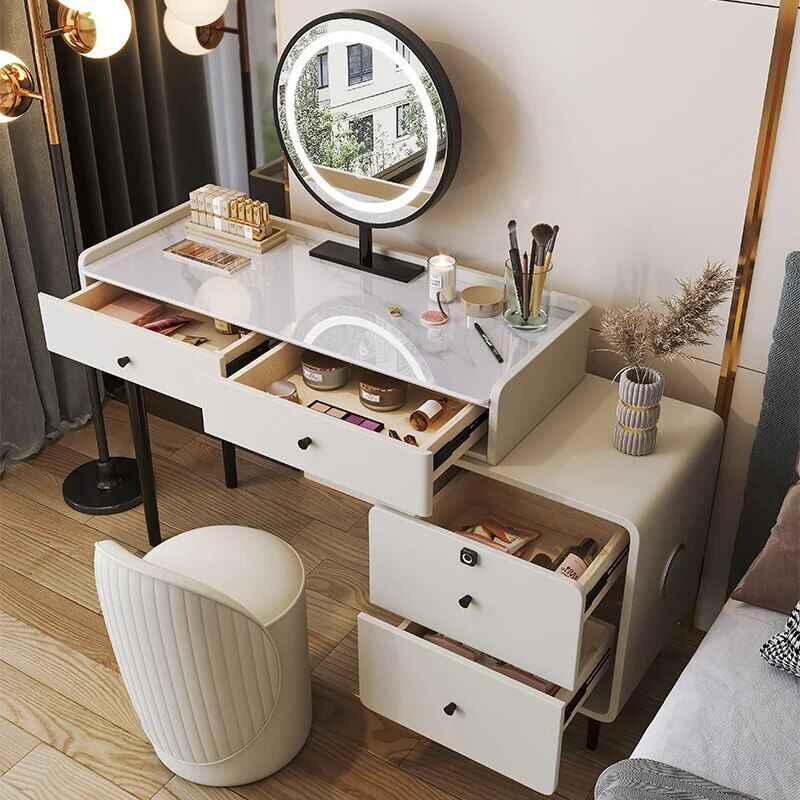 Modern Minimalist Vanity Table with Mirror & Stool