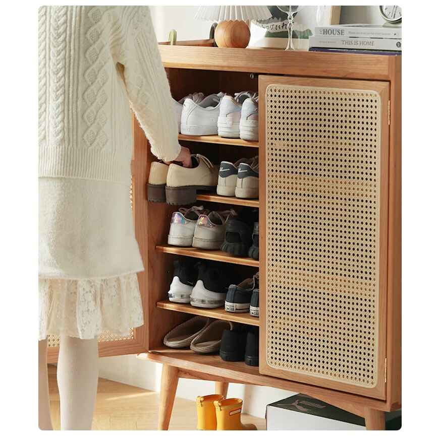 Large Capacity White Oak & Rattan Woven Shoe Cabinet