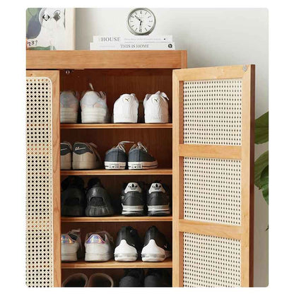 Large Capacity White Oak & Rattan Woven Shoe Cabinet