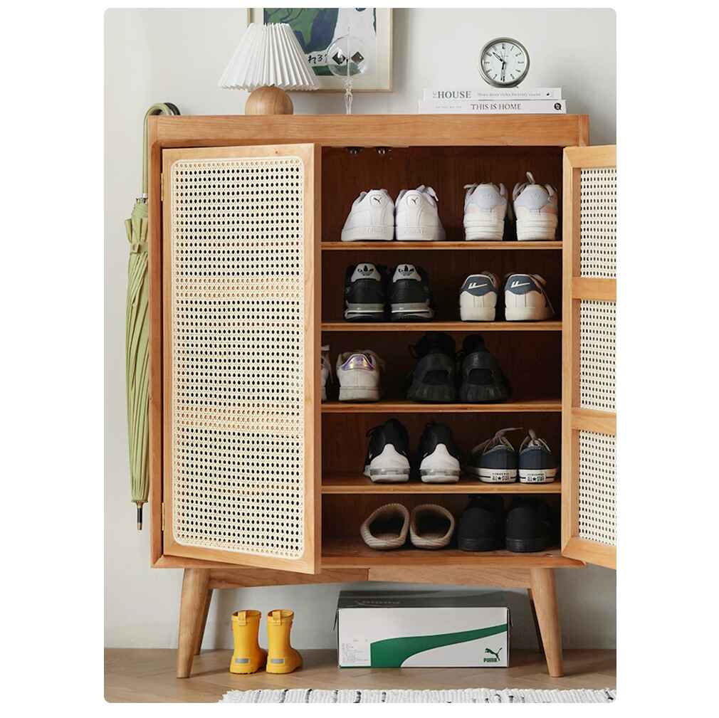 Large Capacity White Oak & Rattan Woven Shoe Cabinet