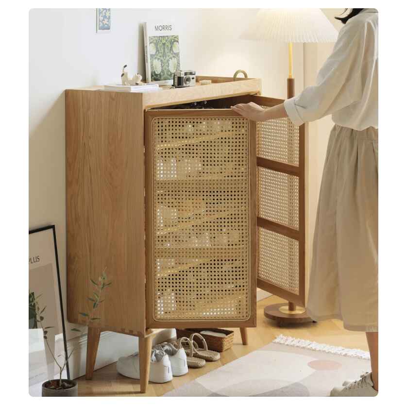 Large Capacity White Oak & Rattan Woven Shoe Cabinet