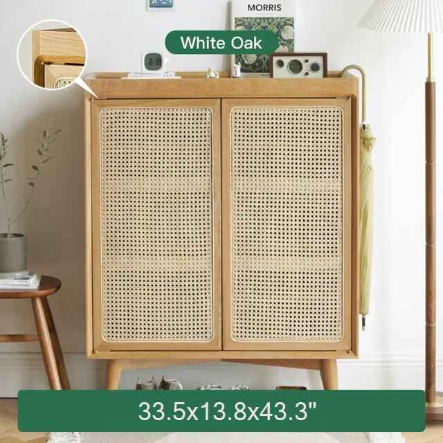 Large Capacity White Oak & Rattan Woven Shoe Cabinet