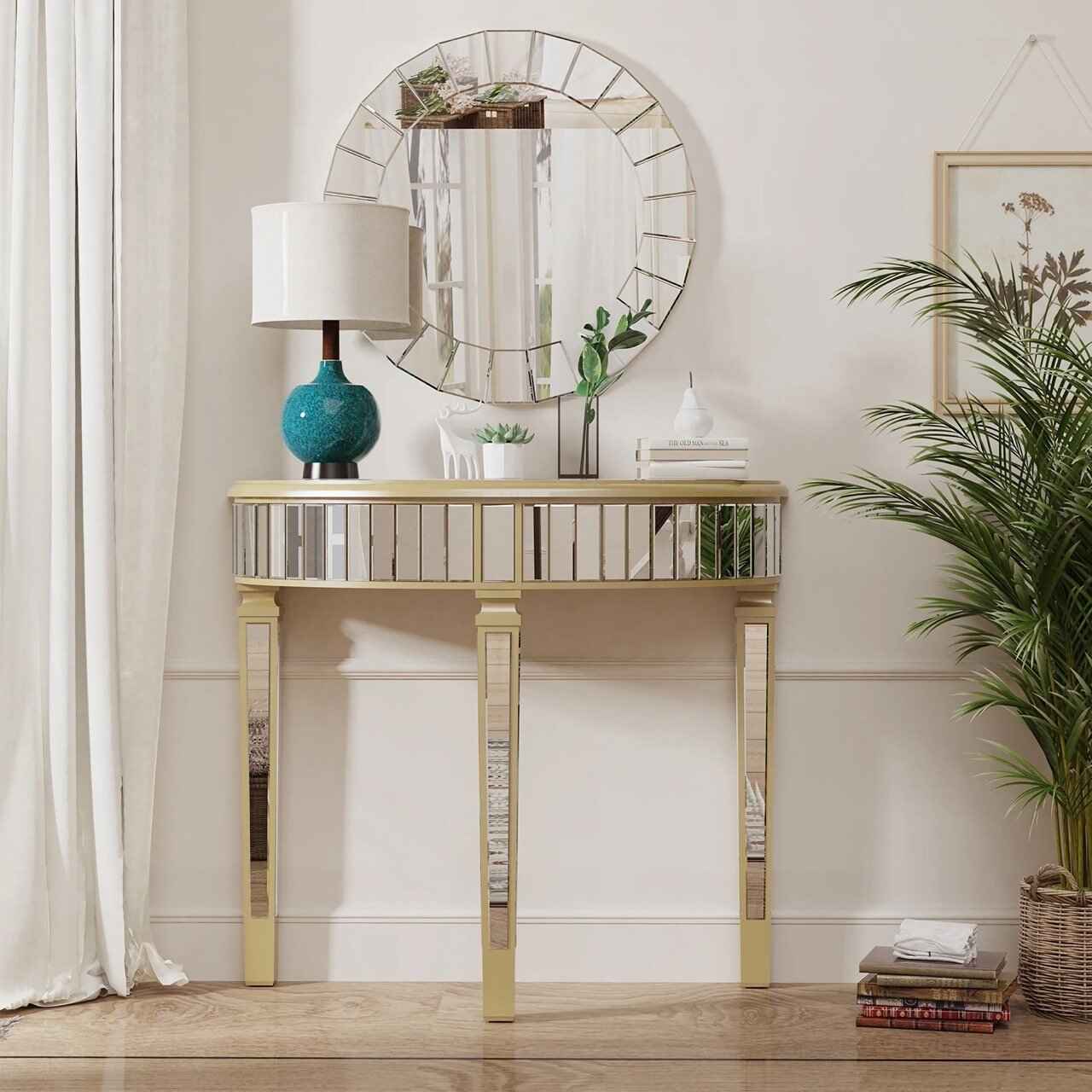 Half Moon Silver Mirrored Console Table