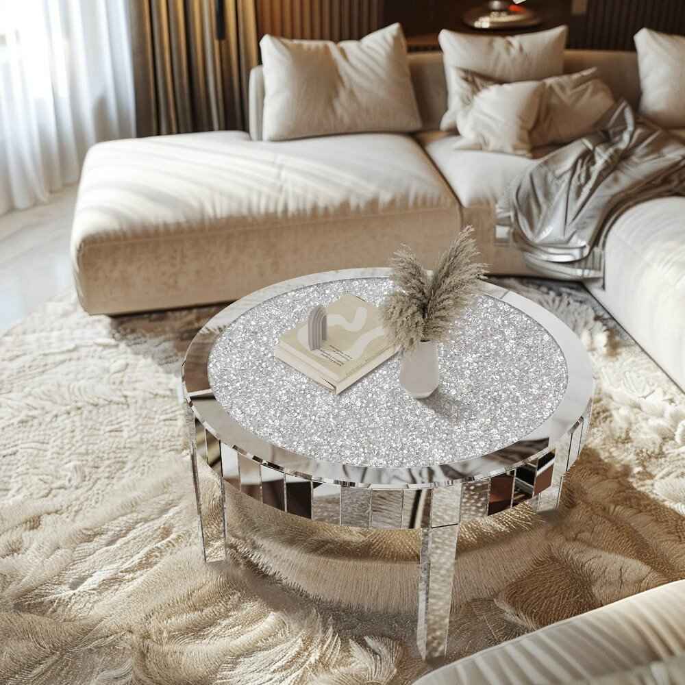 Elegant Mirrored Coffee Table with Crystal Inlay