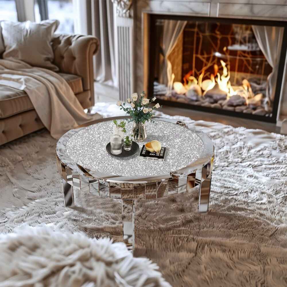 Elegant Mirrored Coffee Table with Crystal Inlay