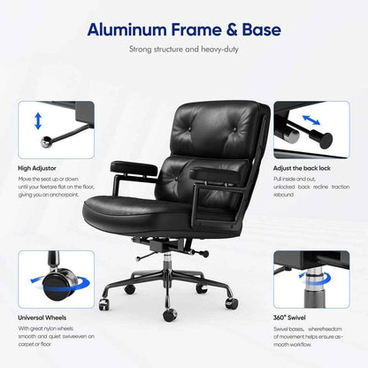 Classic Mid-Back Padded Genuine Leather Office Chair with Armrest