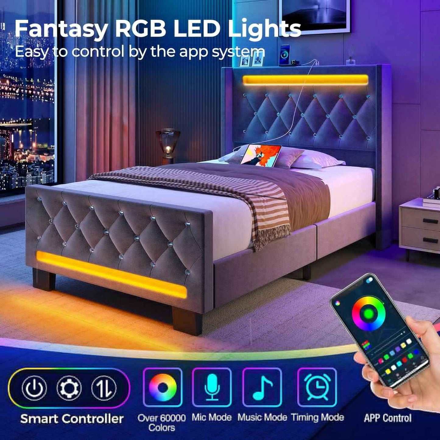 Luxury Grey LED Full Bed Frame