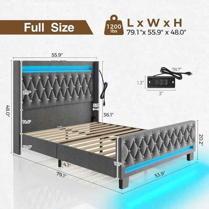 Luxury Grey LED Full Bed Frame