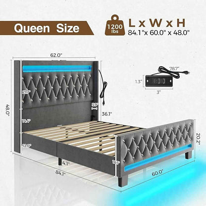 Luxury Grey LED Full Bed Frame