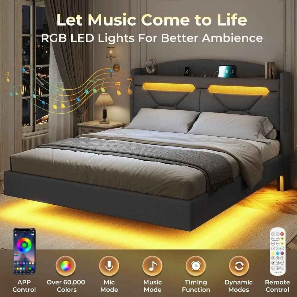 Modern Floating King Bed Frame with RGB LED Lights & Storage Headboard