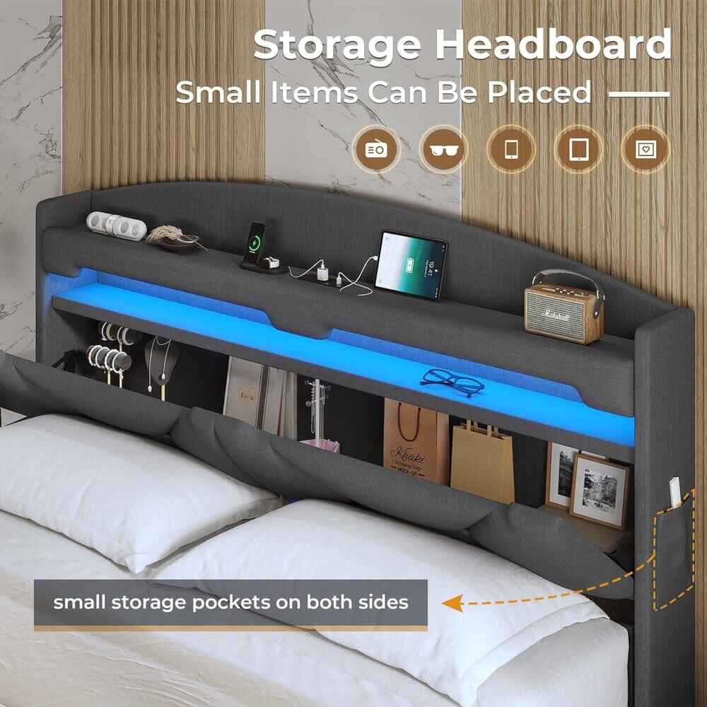 Modern Floating King Bed Frame with RGB LED Lights & Storage Headboard