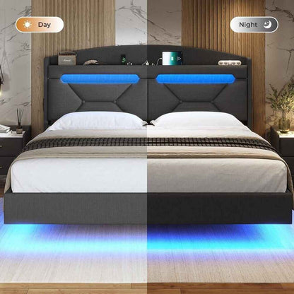 Modern Floating King Bed Frame with RGB LED Lights & Storage Headboard