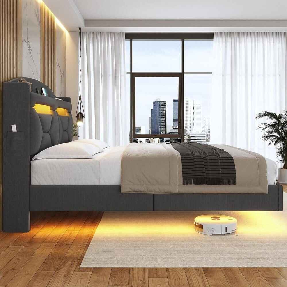 Modern Floating King Bed Frame with RGB LED Lights & Storage Headboard