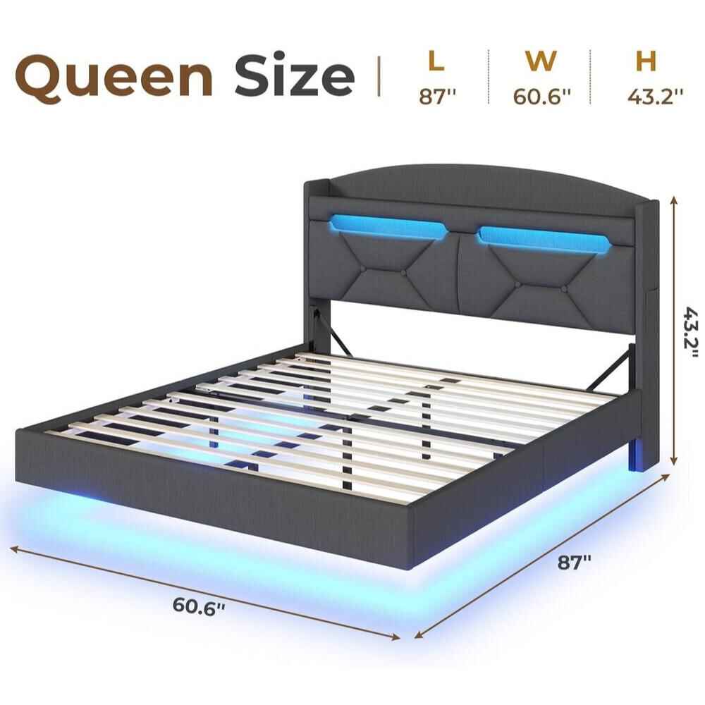 Modern Floating King Bed Frame with RGB LED Lights & Storage Headboard