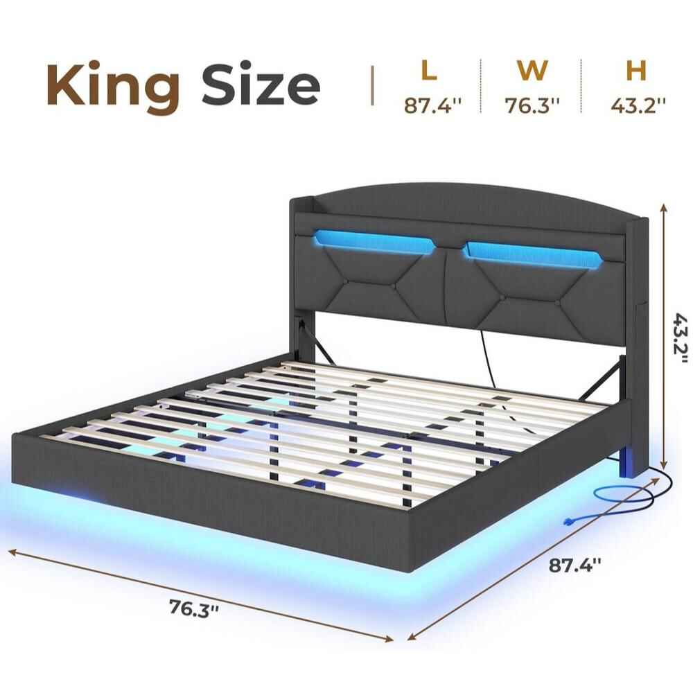 Modern Floating King Bed Frame with RGB LED Lights & Storage Headboard