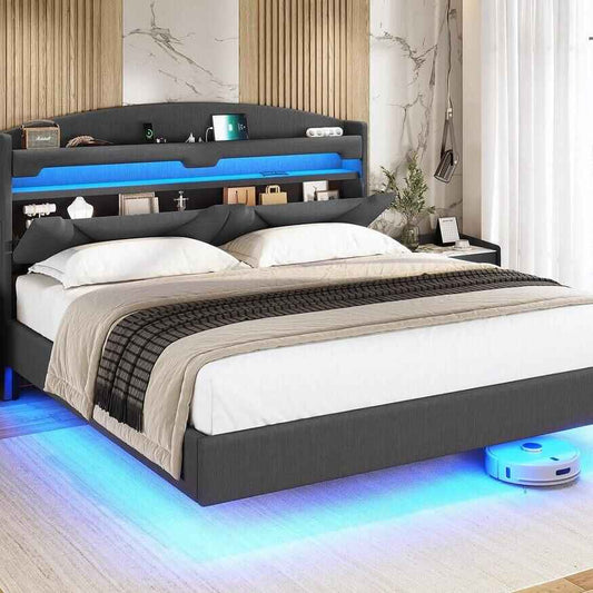 Modern Floating King Bed Frame with RGB LED Lights & Storage Headboard