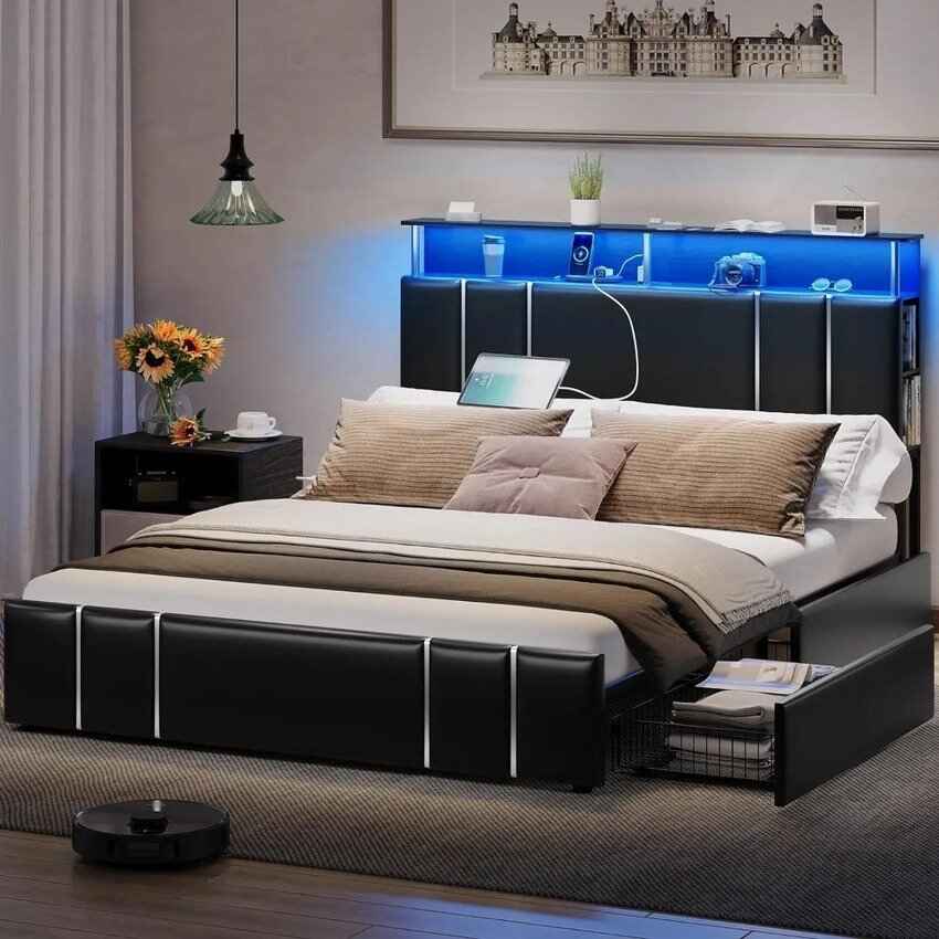 Queen Bed Frame with Storage, Bookcase Headboard, Charging Station & LED Lights