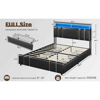 Queen Bed Frame with Storage, Bookcase Headboard, Charging Station & LED Lights