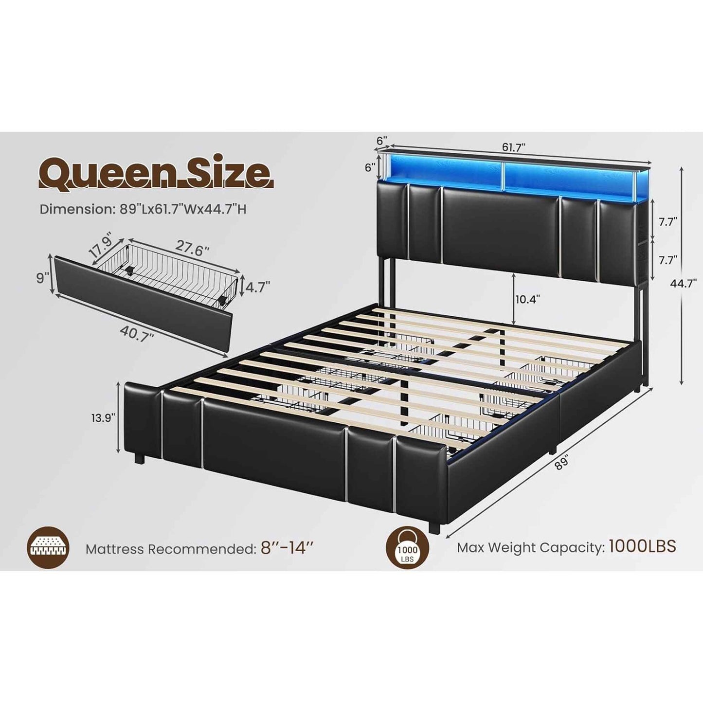 Queen Bed Frame with Storage, Bookcase Headboard, Charging Station & LED Lights