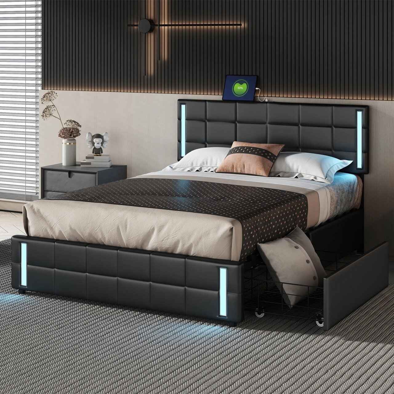 Queen Size Platform Bed with LED Lights