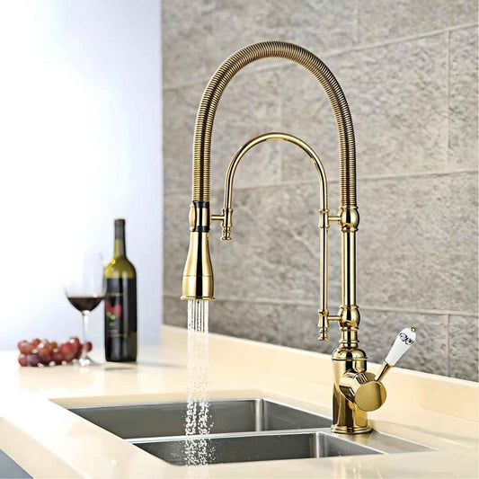 Gold Brass Kitchen Faucet with Retro Design