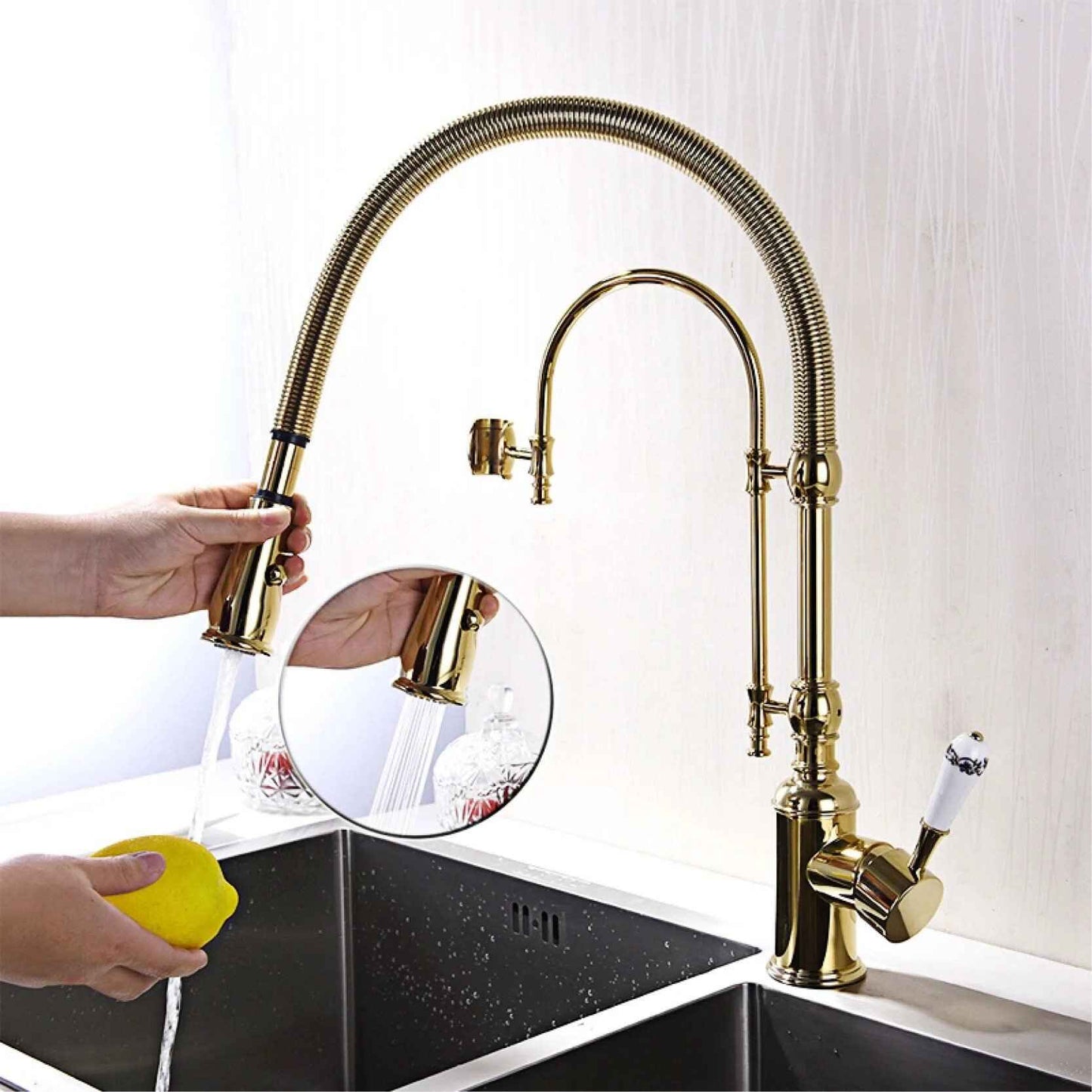 Gold Brass Kitchen Faucet with Retro Design