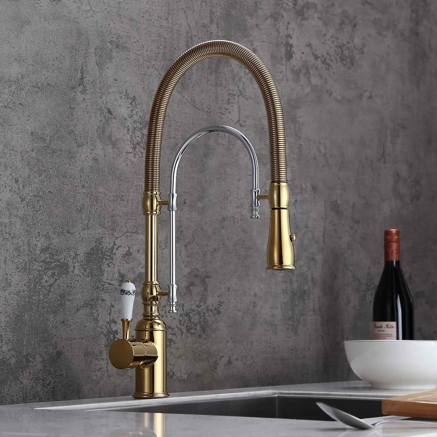 Gold Brass Kitchen Faucet with Retro Design