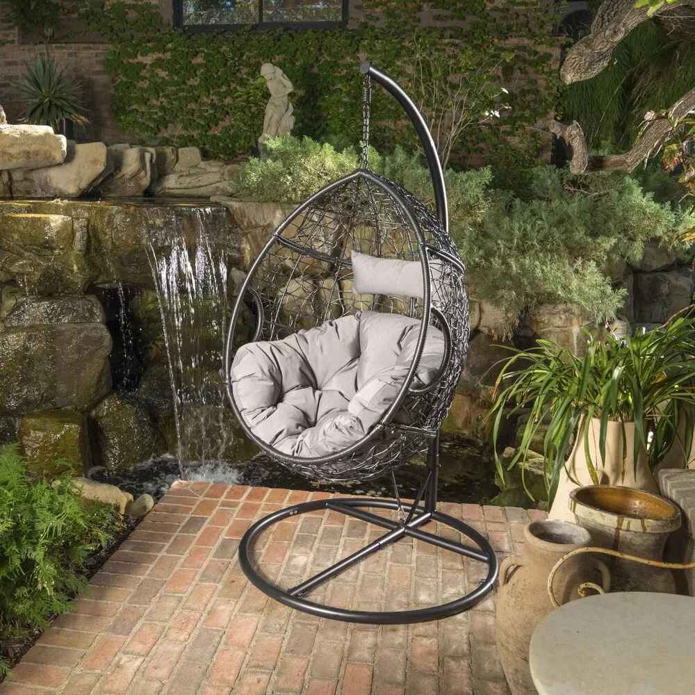 Outdoor Wicker Hanging Basket Chair with Water Resistant Cushions