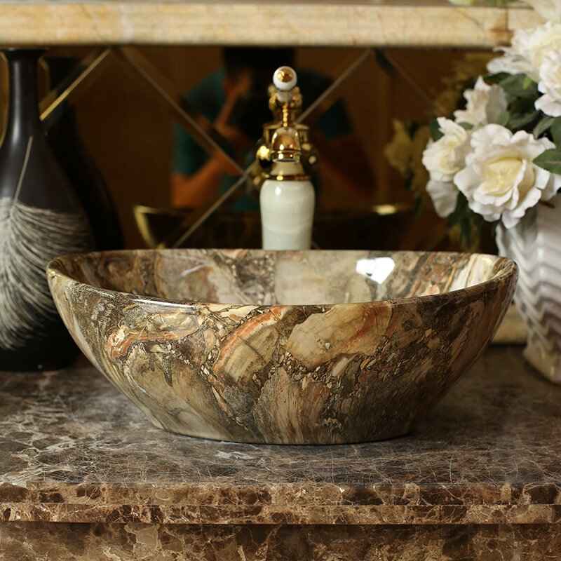 Ceramic Oval Marble Wash Basin - Hand Painted Countertop Sink