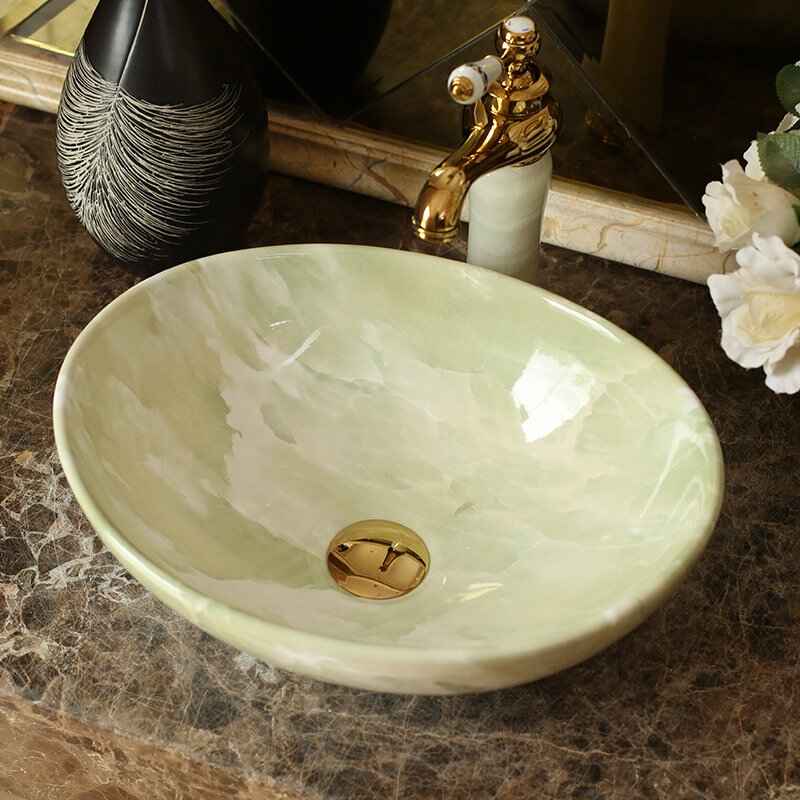 Ceramic Oval Marble Wash Basin - Hand Painted Countertop Sink