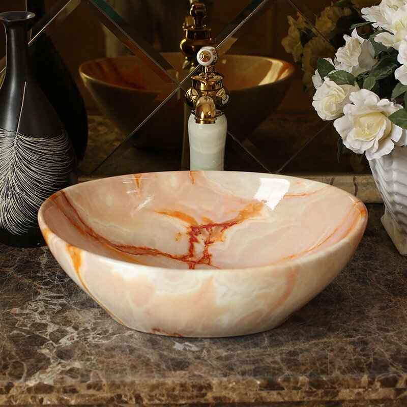 Ceramic Oval Marble Wash Basin - Hand Painted Countertop Sink