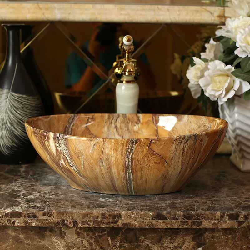 Ceramic Oval Marble Wash Basin - Hand Painted Countertop Sink