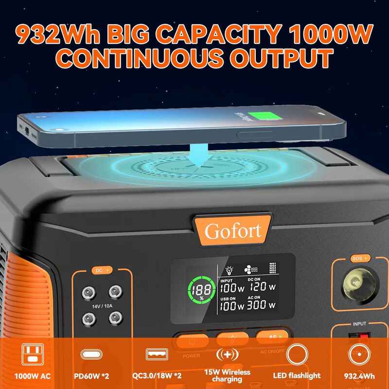 1000W Portable Power Station with 932Wh Solar Generator Battery