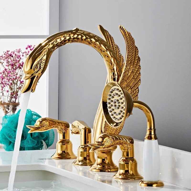 Elegant Gold Swan Bathtub Faucet Set with Handheld Shower