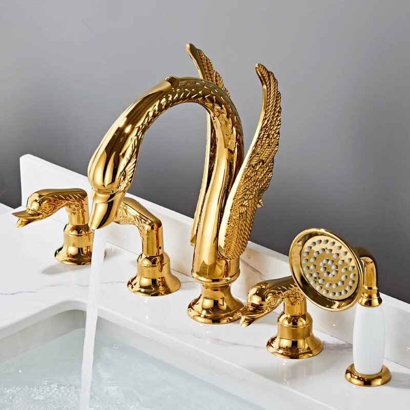 Elegant Gold Swan Bathtub Faucet Set with Handheld Shower