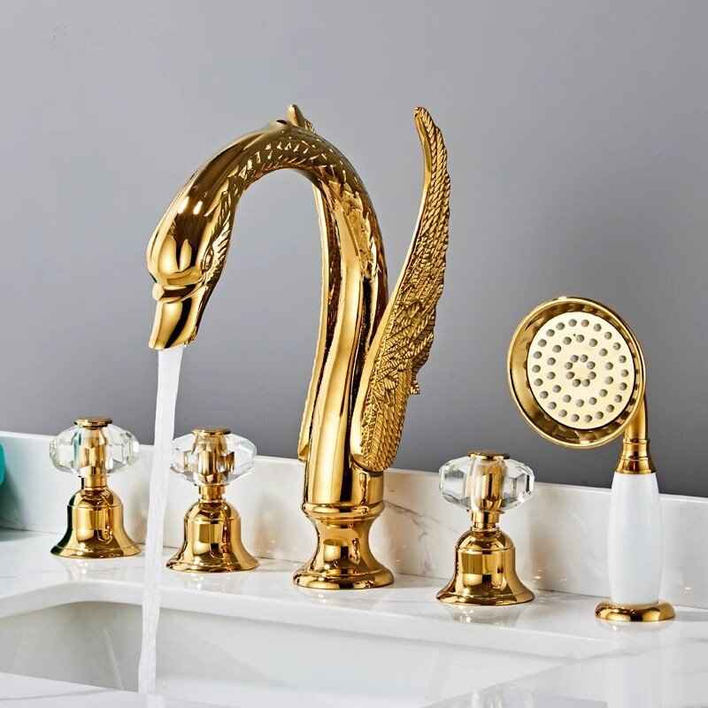 Elegant Gold Swan Bathtub Faucet Set with Handheld Shower