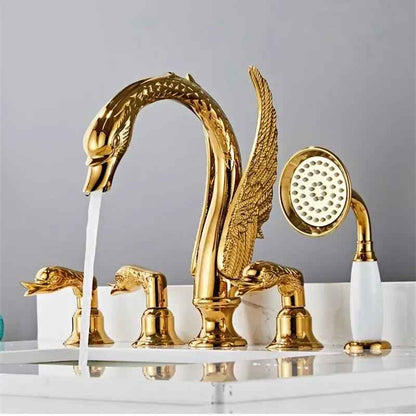 Elegant Gold Swan Bathtub Faucet Set with Handheld Shower