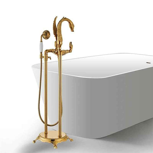 Gold Floor Stand Swan Bathtub Faucet with 360 Degree Rotation Wide View