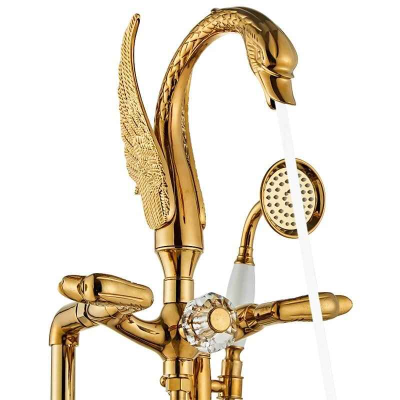 Gold Floor Stand Swan Bathtub Faucet with 360 Degree Rotation Dripping