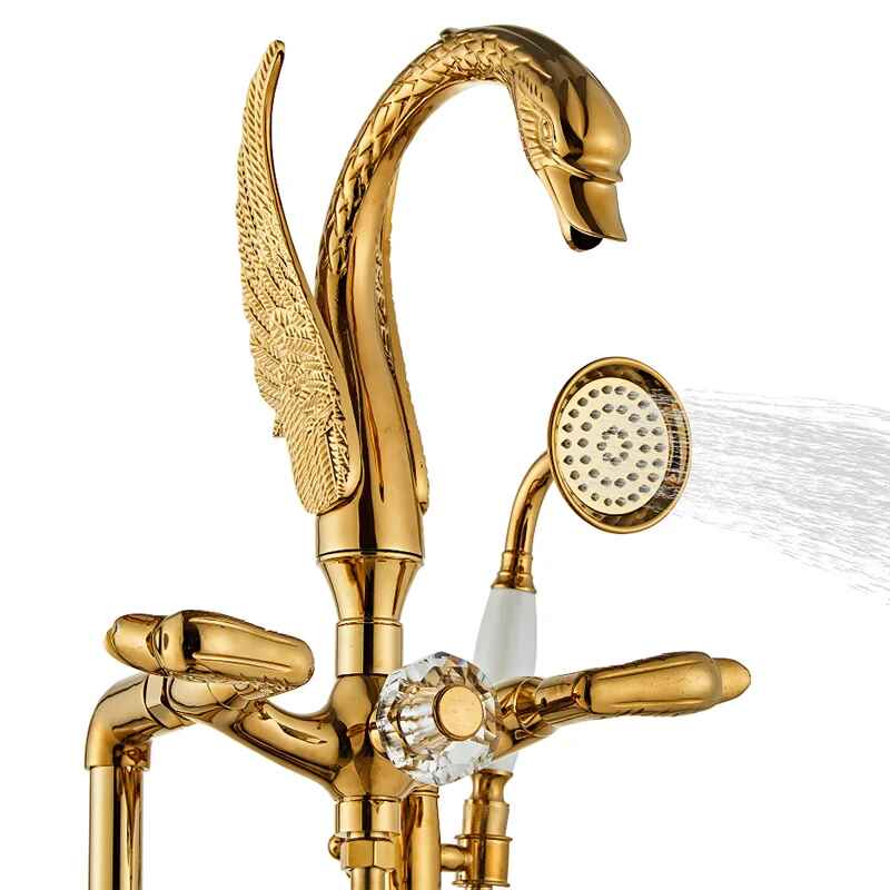 Gold Floor Stand Swan Bathtub Faucet with 360 Degree Rotation Elegant