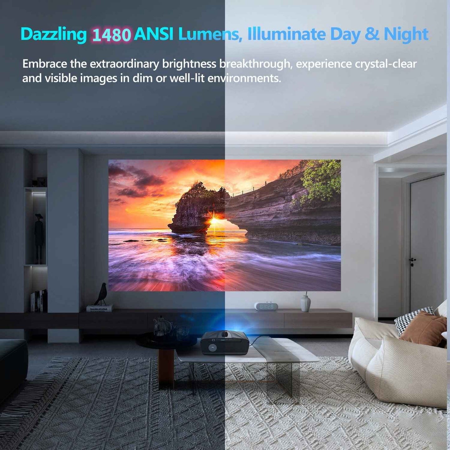 4K Home Theater Projector with Bluetooth and Wifi Lights on and Off