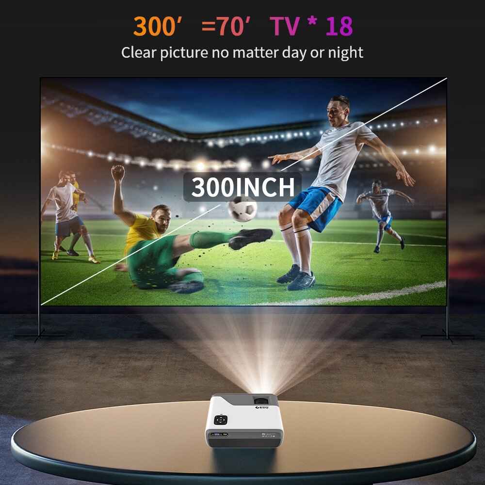 1080p Full HD Smart Projector with 4K Support, WiFi, and Bluetooth 300in Wide