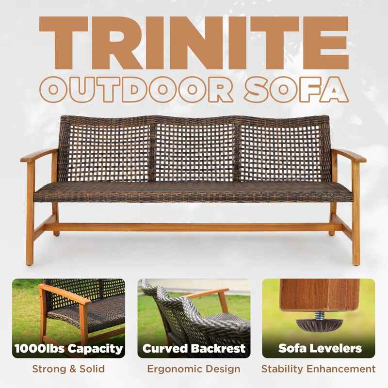 Outdoor Wood Sofa with Wicker Seating Features