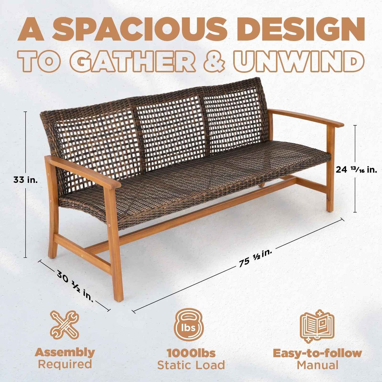 Outdoor Wood Sofa with Wicker Seating Dimension