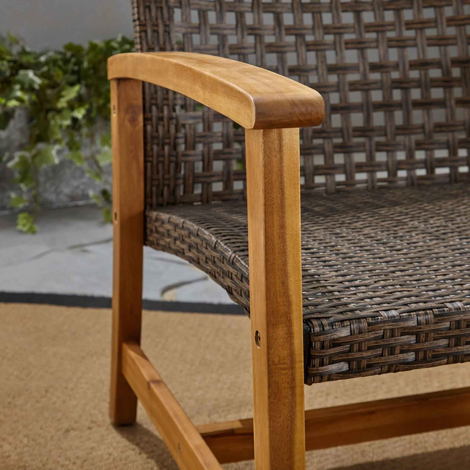 Outdoor Wood Sofa with Wicker Seating Arm Rest