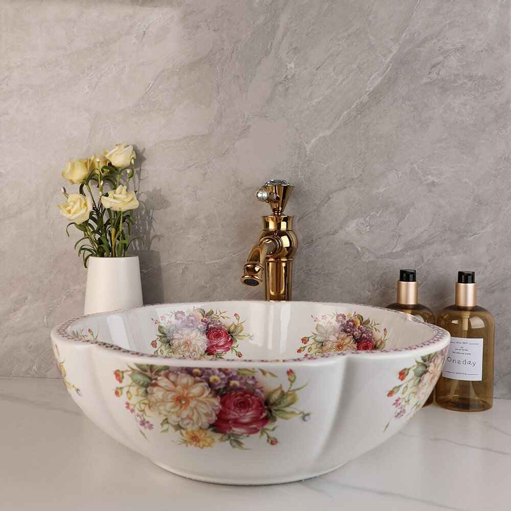 Ceramic Vessel Sink with Peony Flower Design Front View