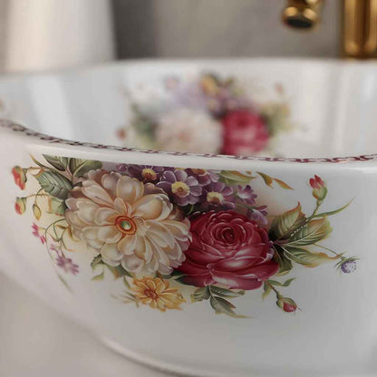 Ceramic Vessel Sink with Peony Flower Design Close up