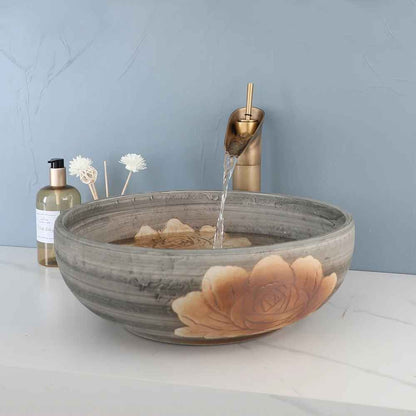 Luxurious Round Ceramic Bathroom Sink with Antique Brass Faucet Front View