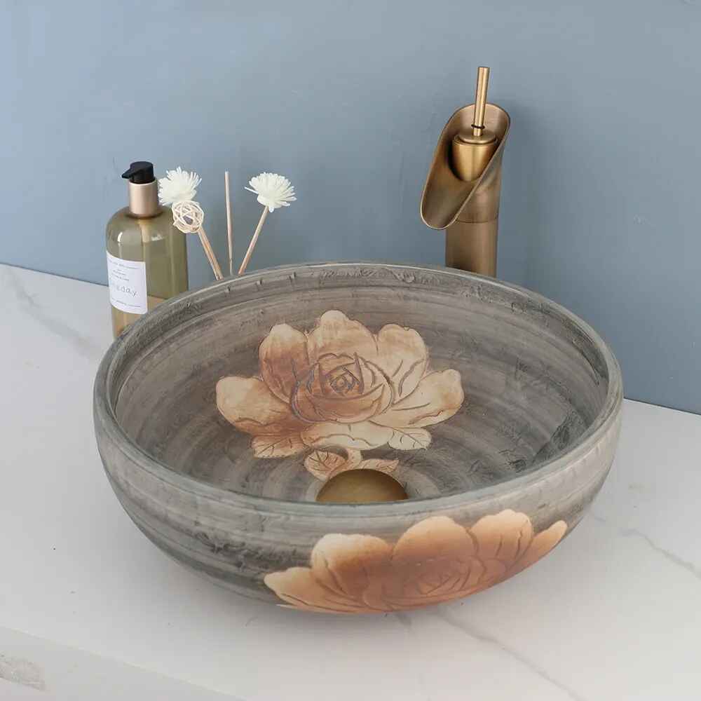 Luxurious Round Ceramic Bathroom Sink with Antique Brass Faucet Upper View