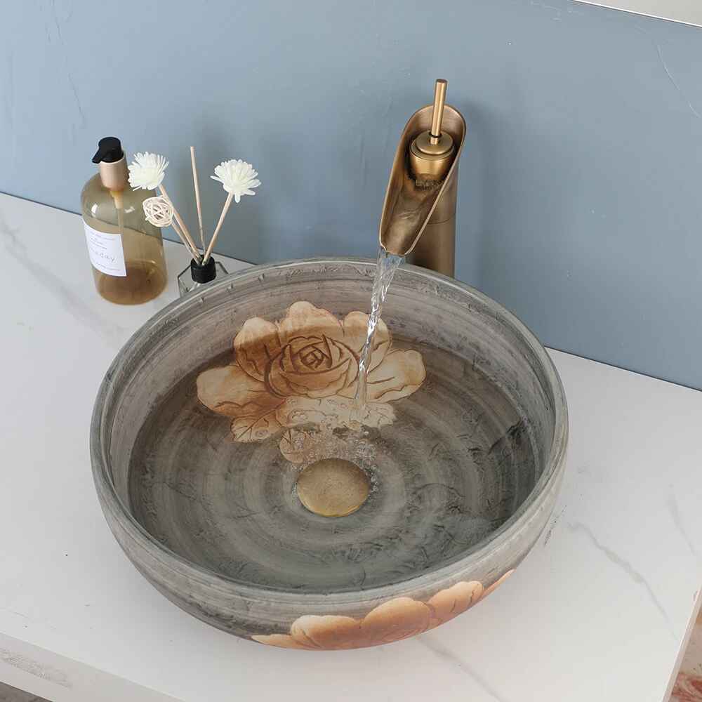 Luxurious Round Ceramic Bathroom Sink with Antique Brass Faucet Upper View